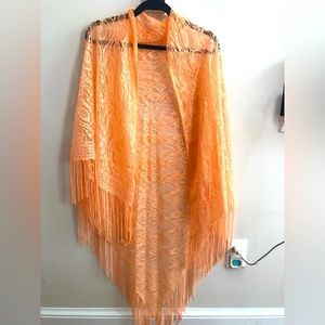 Vibrant vintage sherbet shawl with fringe